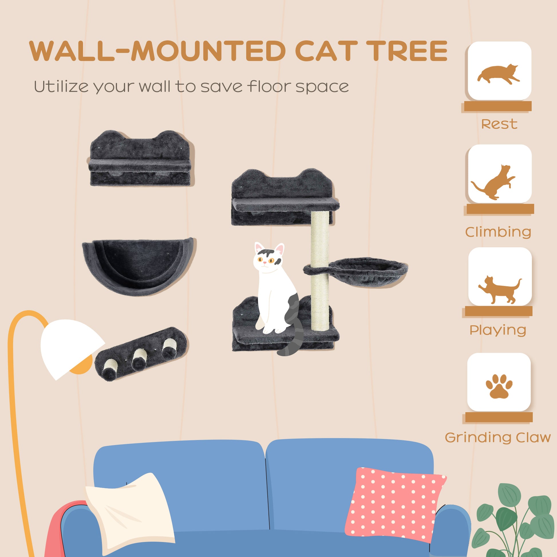 PawHut Wall-Mounted Cat Climbing Shelves Set with Hammock, Nest, and Scratching Post - Dark Grey - ALL4U RETAILER LTD