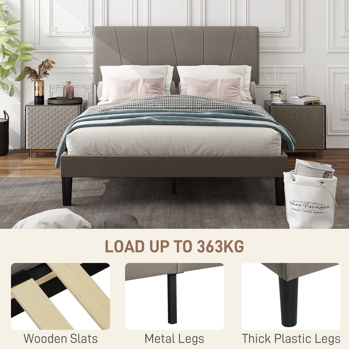 Grey upholstered double bed frame with tall headboard and thick support legs