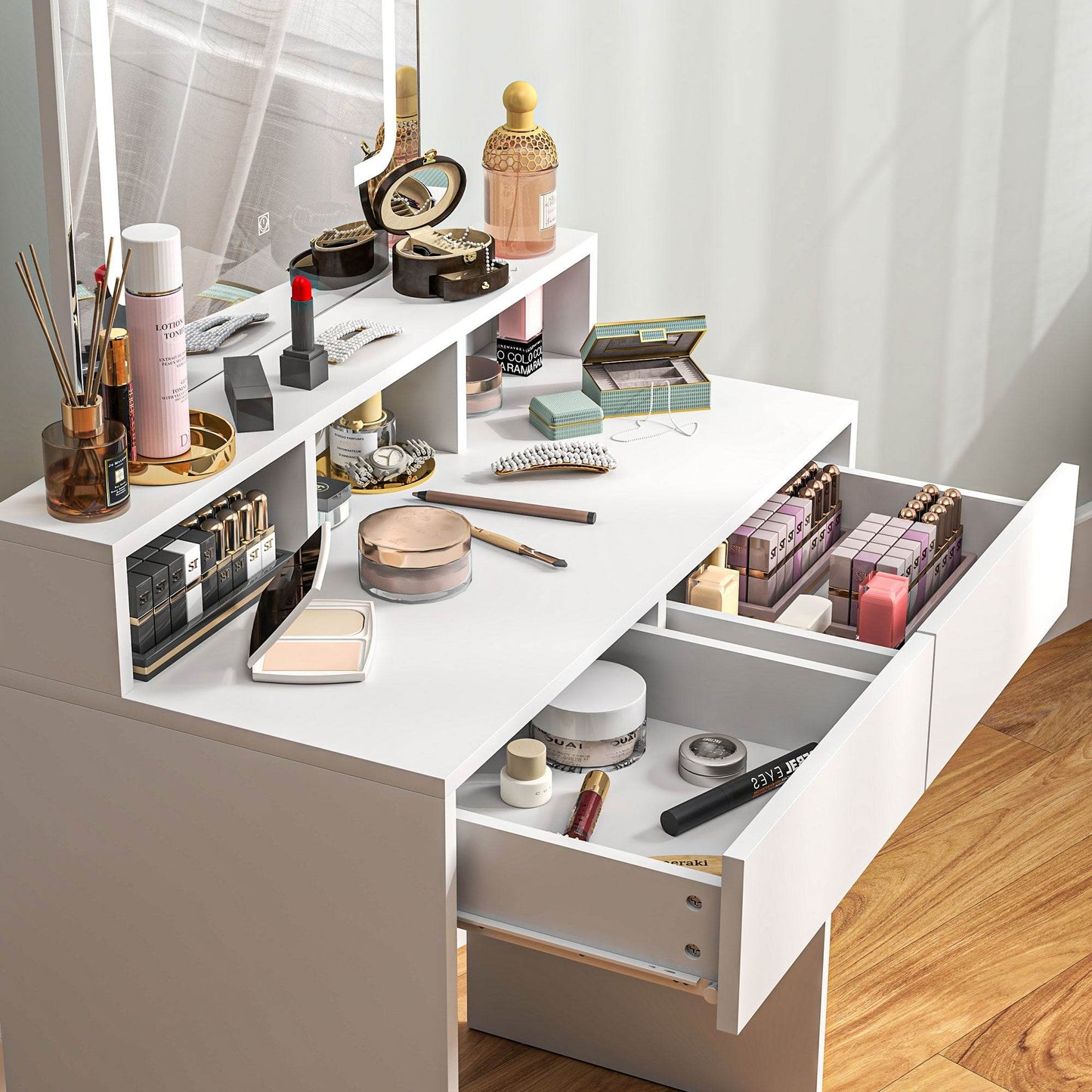 LED-Illuminated Vanity Table with Mirror and Storage, Modern Makeup Dresser for Women and Girls, White - ALL4U RETAILER LTD