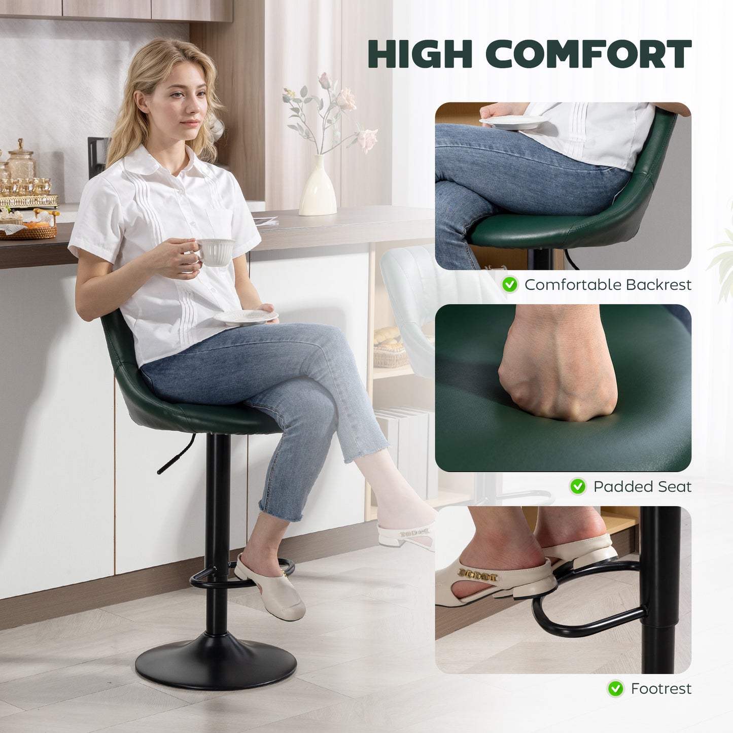 HOMCOM Set of Two Faux Leather Bar Stools Dark Green Adjustable Height 87 to 109 cm 360 Degree Swivel Comfort Foam