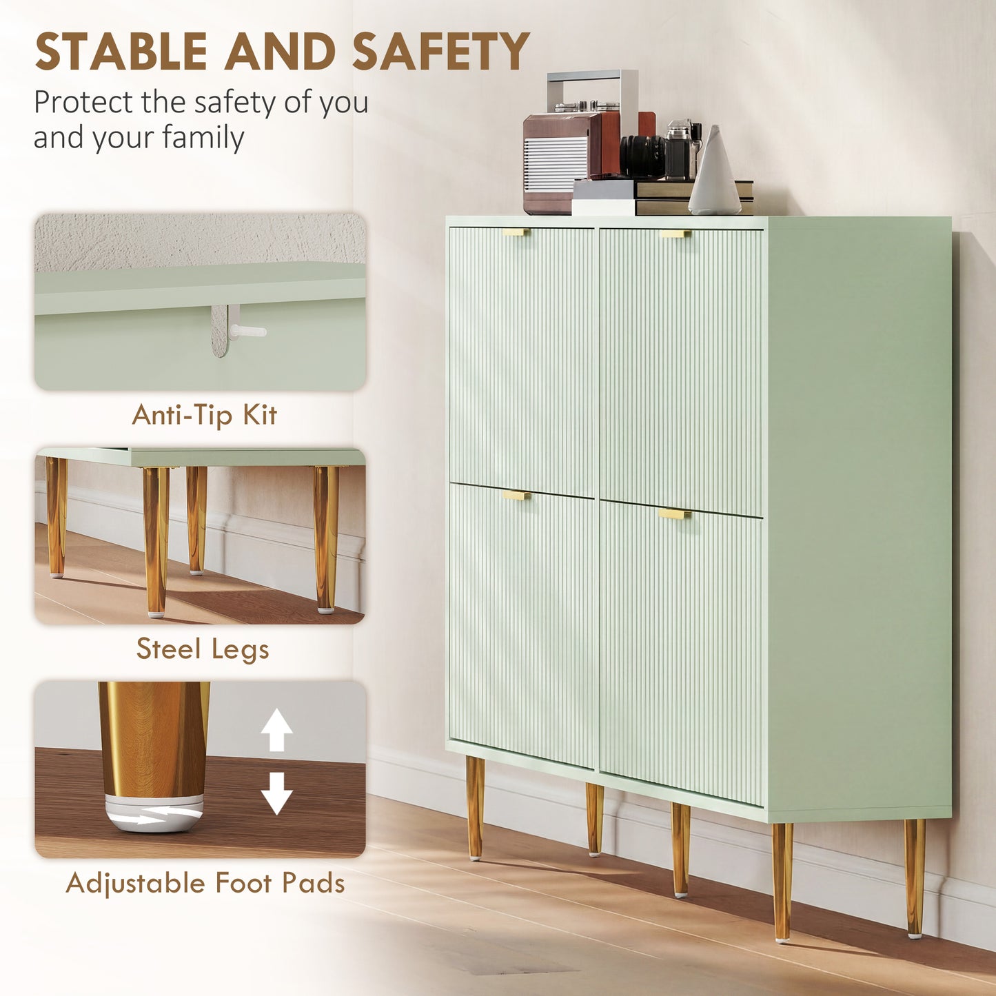 HOMCOM Elegant Four Drawer Shoe Cabinet in Light Green with Ridged Doors and Gold Accents Holds 10 to 20 Pairs