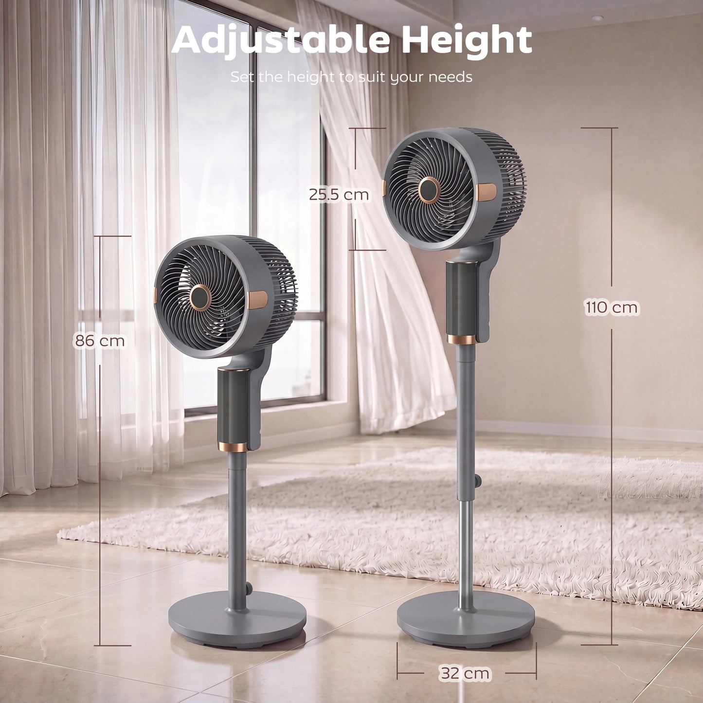 HOMCOM 20 dB Silent Pedestal Standing Fan For Bedroom 44 Inch With 90 Degree Oscillation 8 Speeds LED Light Grey