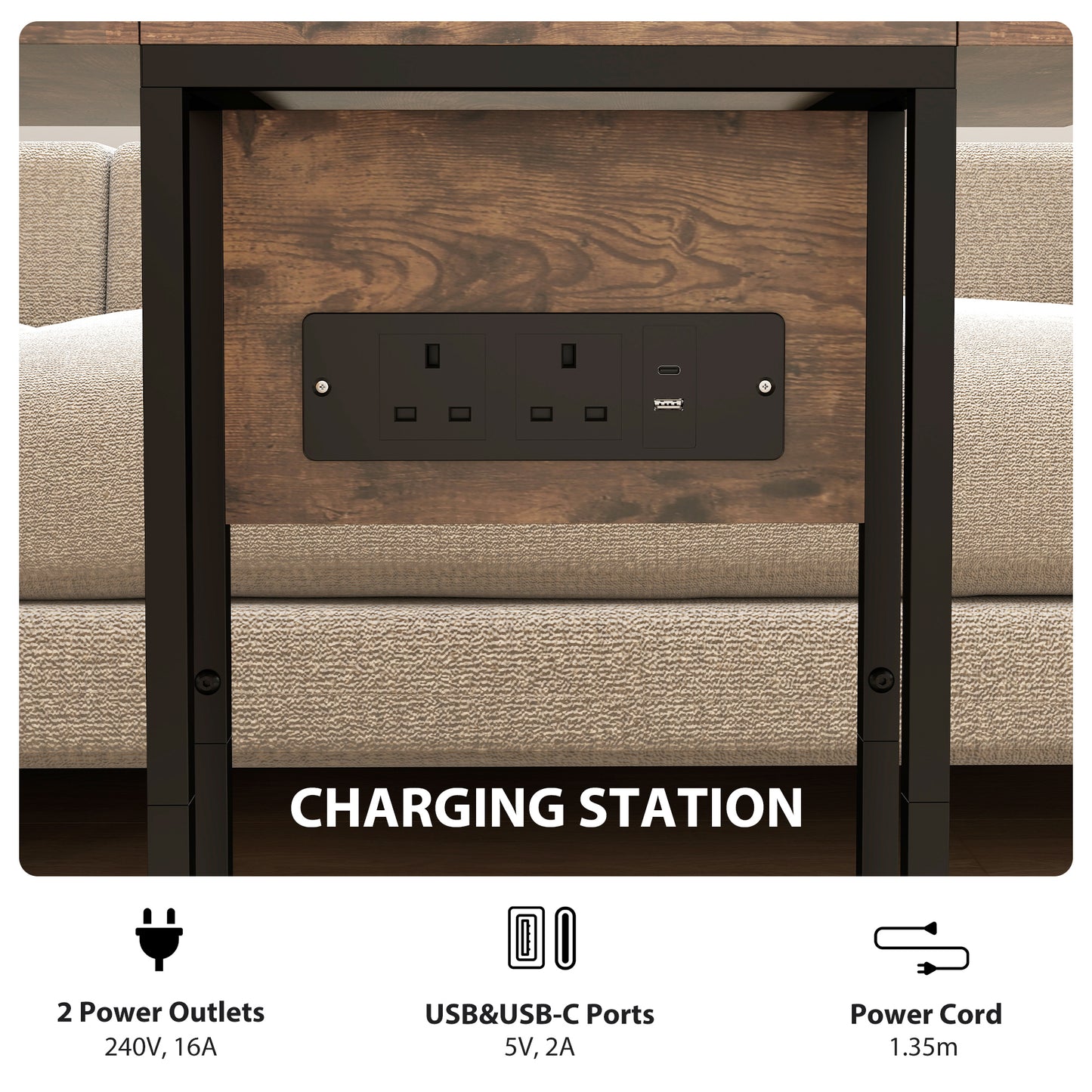 HOMCOM C Shaped Side Table With Charging Station And Foldable Top Rustic Brown Compact Design