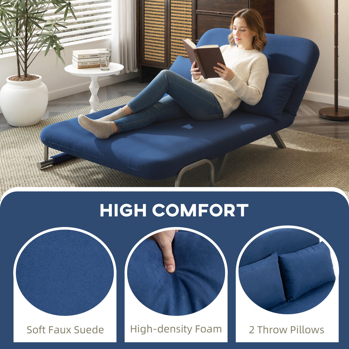 HOMCOM Two Seater Click Clack Sofa Bed Dark Blue With Adjustable Back And Plush Faux Suede Upholstery