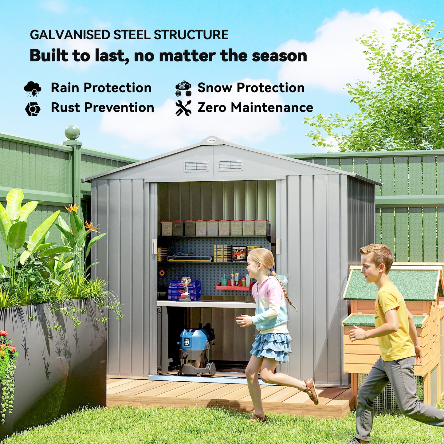 Outsunny 7 By 4ft Lockable Metal Garden Tool Storage Shed Galvanised Steel With Double Sliding Doors Light Grey