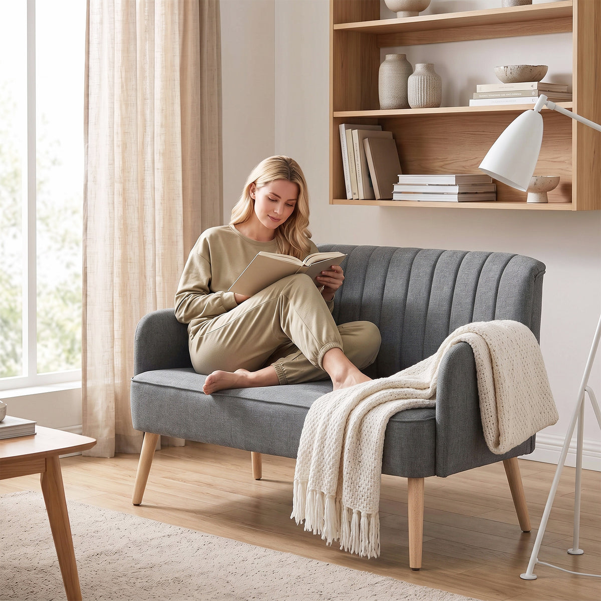 Dark grey 2-seater loveseat sofa with tufted back and light wood legs