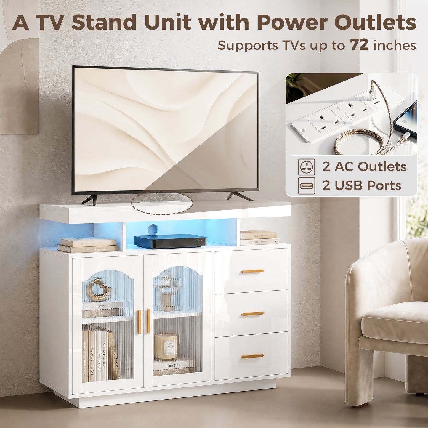 HOMCOM High Gloss Sideboard With LED Lights Built In Power Outlets 3 Drawers Shelves And 2 Acrylic Doors White