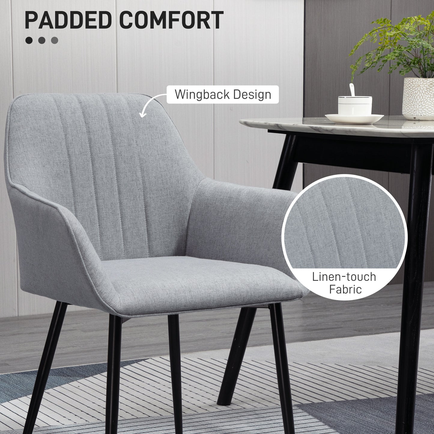 HOMCOM 4 Piece Dining Chair Set Upholstered Linen Fabric With Metal Legs Light Grey For Kitchen, Living Room, Dining Room
