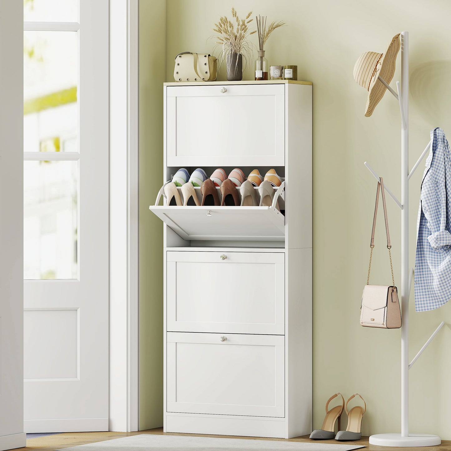 HOMCOM Modern Four Drawer Shoe Storage Cabinet White With Adjustable Shelves Holds 24 Pairs