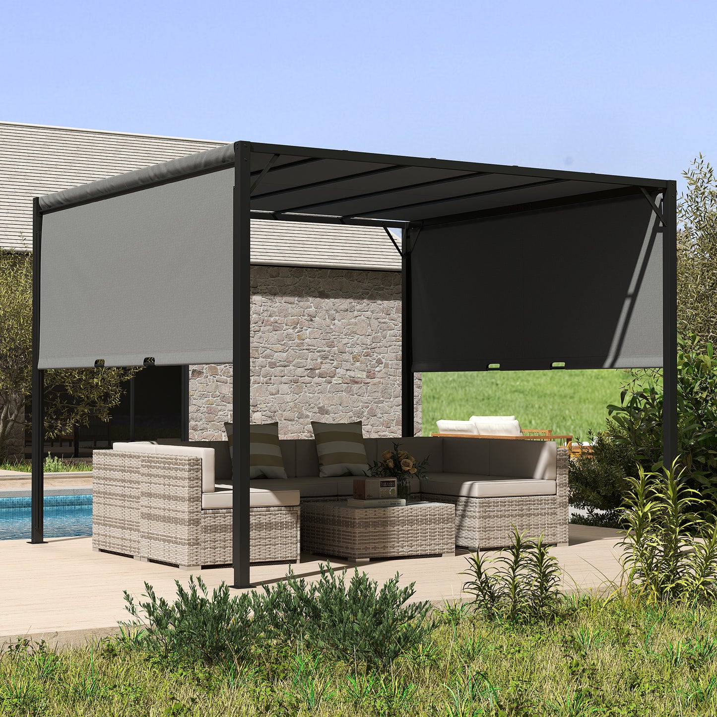Outsunny 3x3m Pergola With Sliding Roof Garden Gazebo Steel Frame Charcoal Grey Canopy