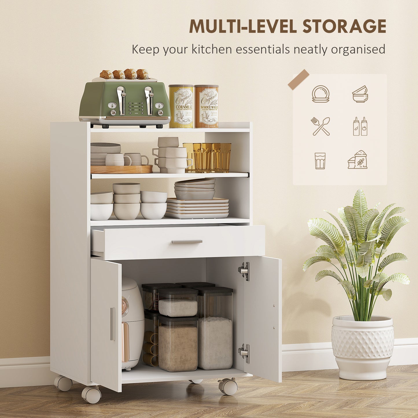 Homcom Kitchen Trolley With Wheels Mobile Microwave Stand With Slide Out Shelf Drawer And Two Doors For Dining Room
