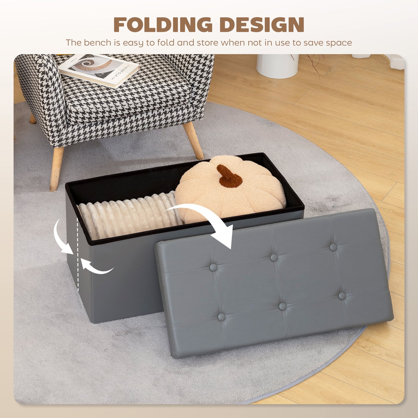 HOMCOM Storage Ottoman Bench 89L PU Leather Folding Foot Rest Stool End Bed Bench For Living Room Bedroom Entryway Grey