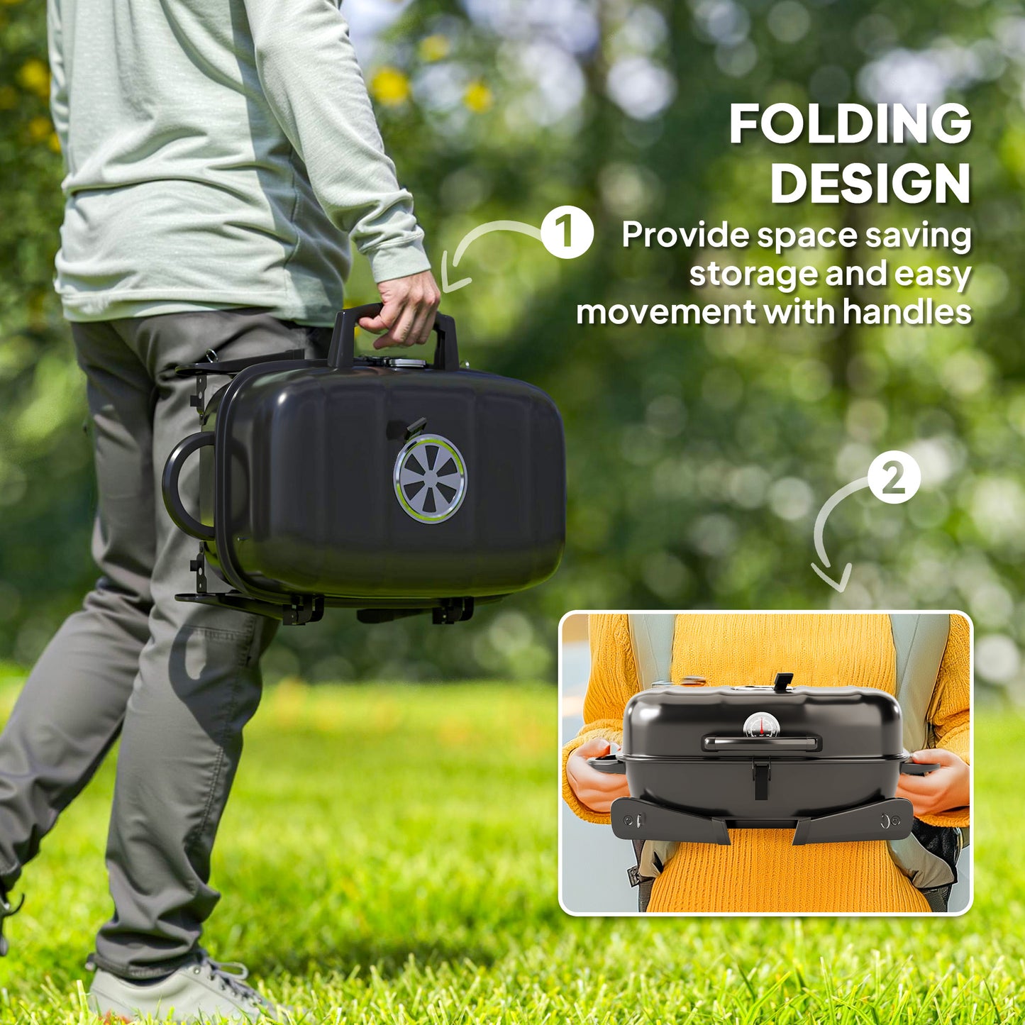 Outsunny Charcoal Folding Grill With 1232 Cm2 Cooking Area Adjustable Vent Thermometer Handles For Camping Picnic Black