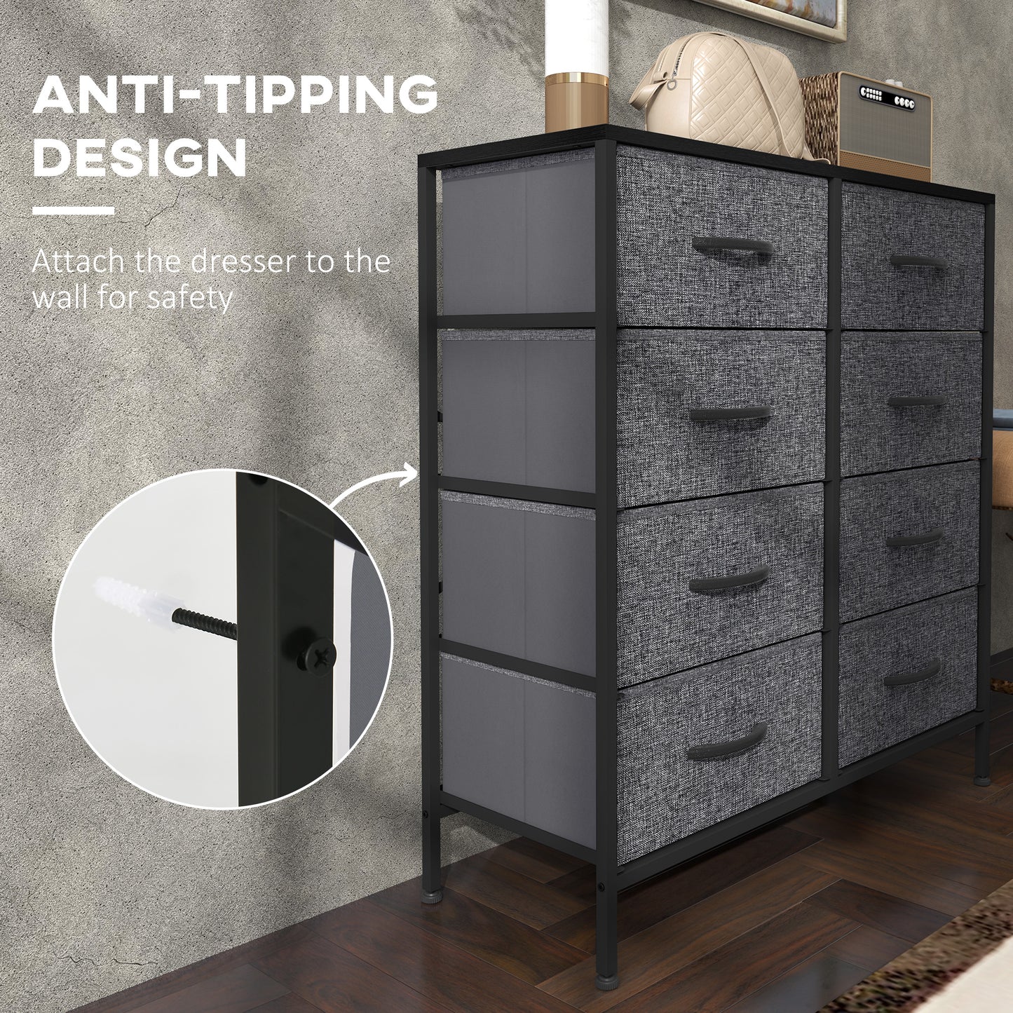 HOMCOM Fabric Chest Of Drawers With 8 Fabric Drawers Steel Frame Wooden Top For Nursery Living Room Hallway Black