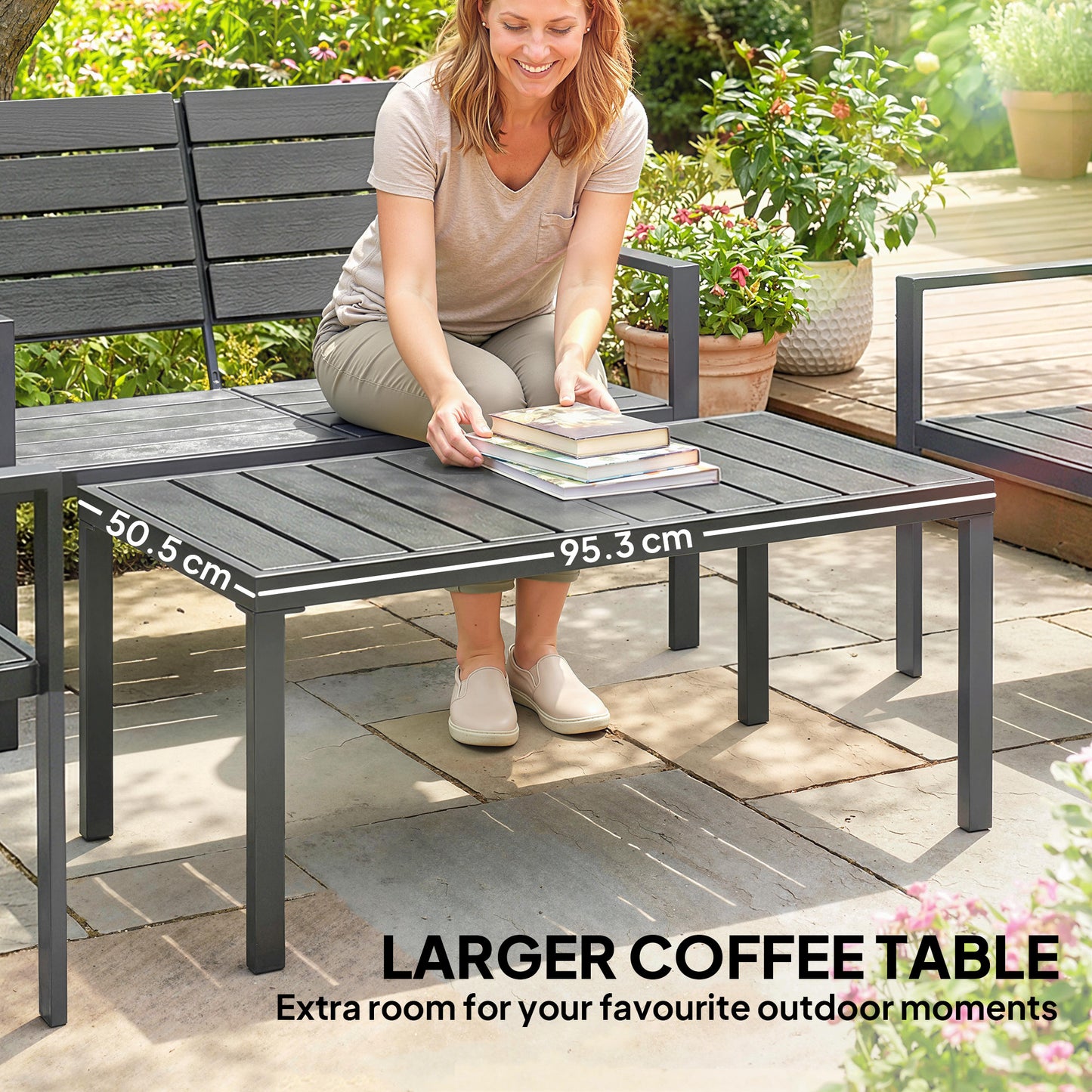 Outsunny 4 Piece Outdoor Garden Furniture Set HDPE Slatted Loveseat Armchairs Coffee Table Metal Frame Dark Grey