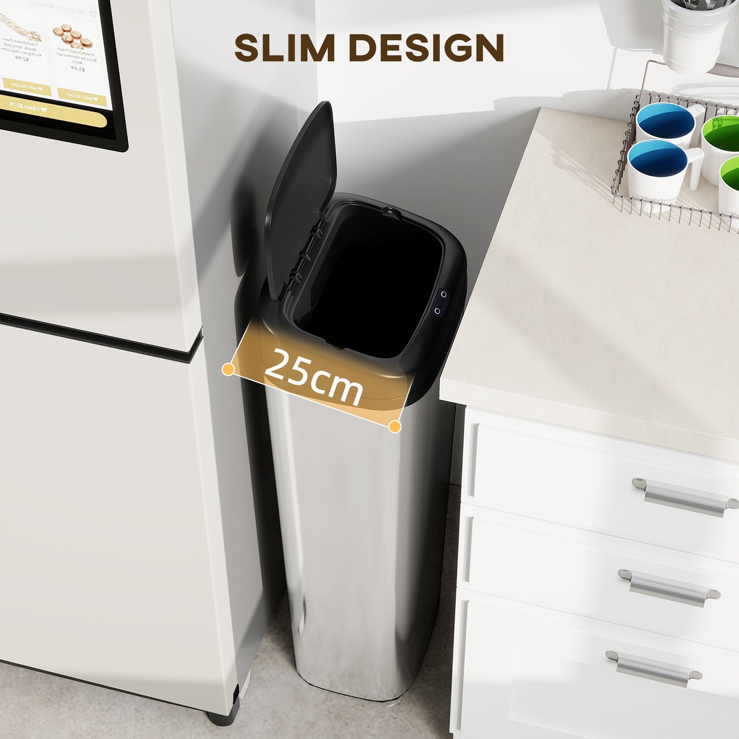 HOMCOM 50L Stainless Steel Sensor Bin With Slim Design And Silver Tone Finish For Easy Bag Changes