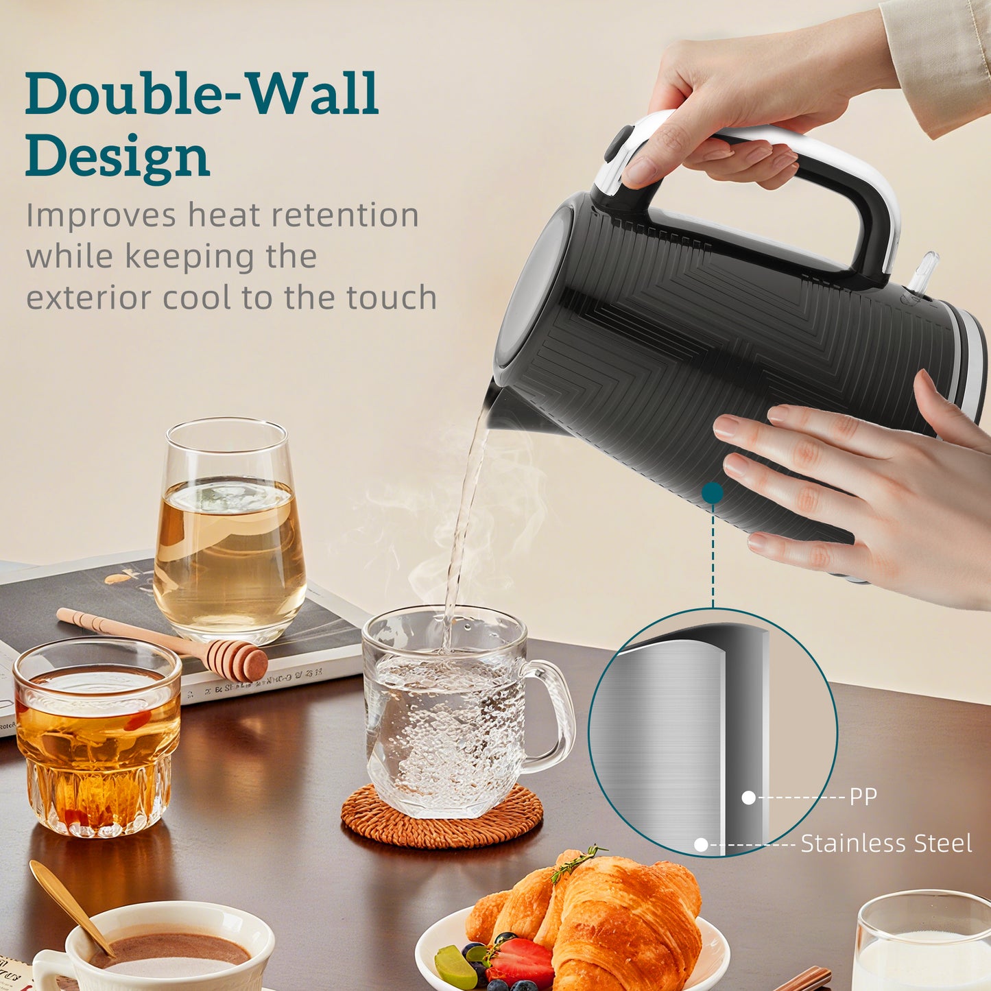 HOMCOM Modern Kettle And Toaster Set Black With Glowing Lights And Fast Boiling 1.7L Capacity Kettle