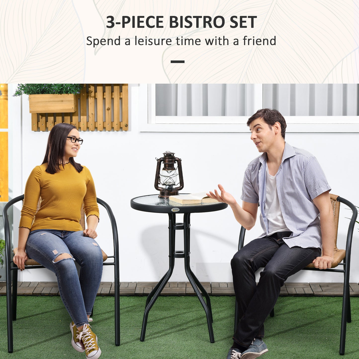 Outsunny 3 Piece Rattan Bistro Set Brown with Tempered Glass Table for Patio Garden Outdoor