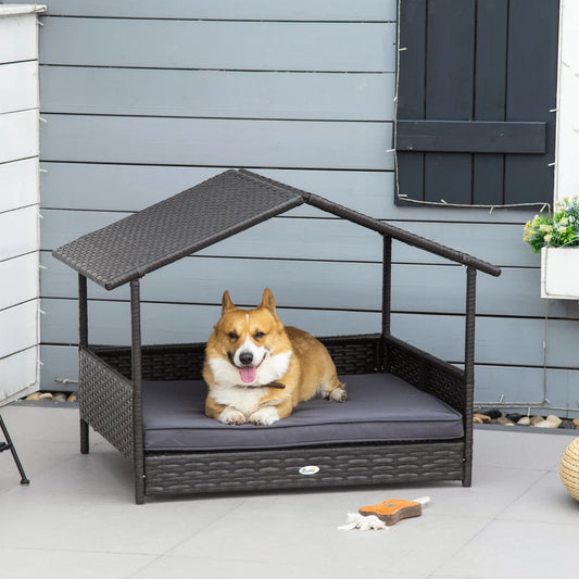 PawHut Grey Wicker Dog Bed - Elevated Rattan Dog House with Removable Cushion and Canopy - Ideal for Small and Medium Dogs - 98 x 69 x 70cm - ALL4U RETAILER LTD