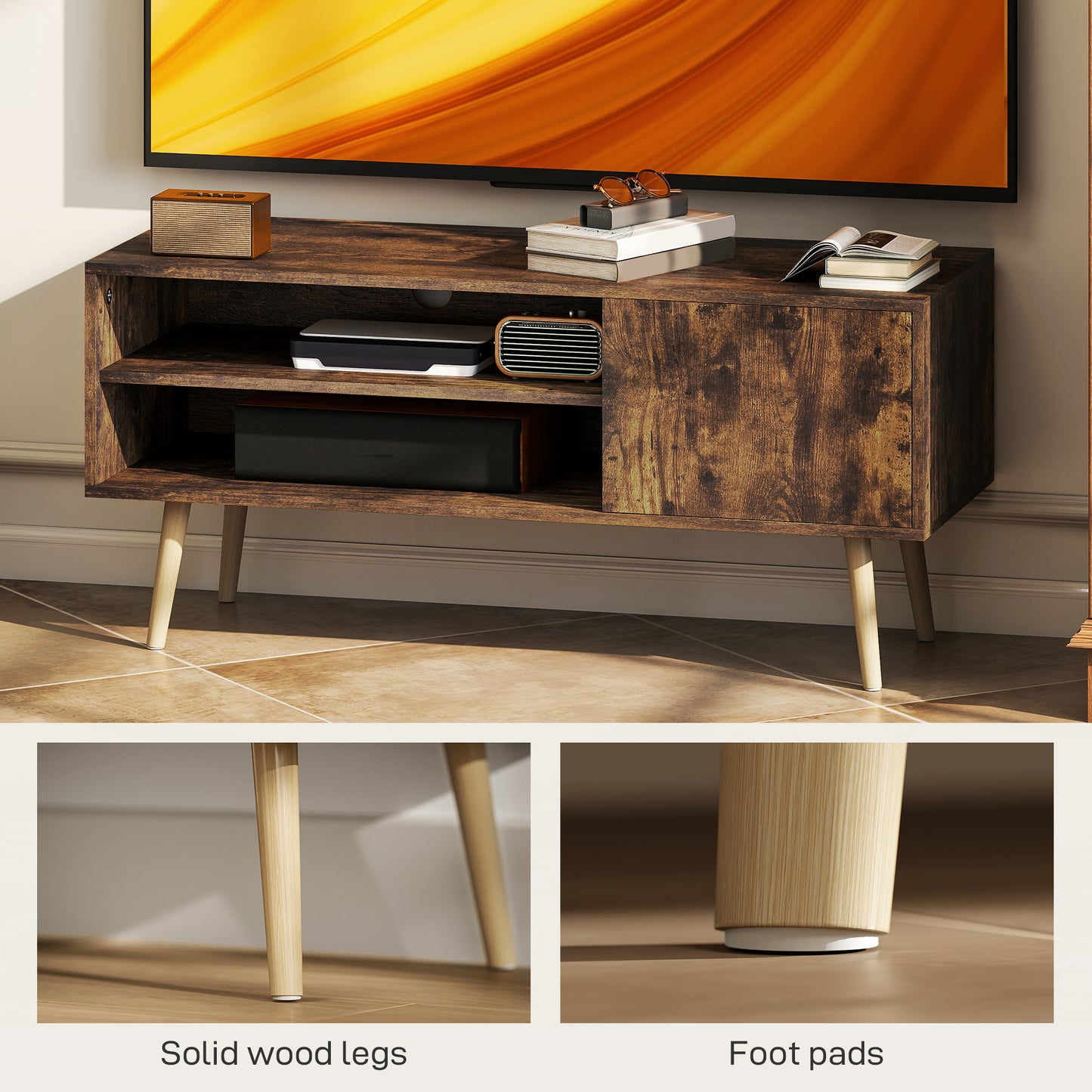 HOMCOM TV Stand For 55 Inch TVs With Open Shelves And Cable Holes Brown Finish Two Storage Shelves And Cupboard