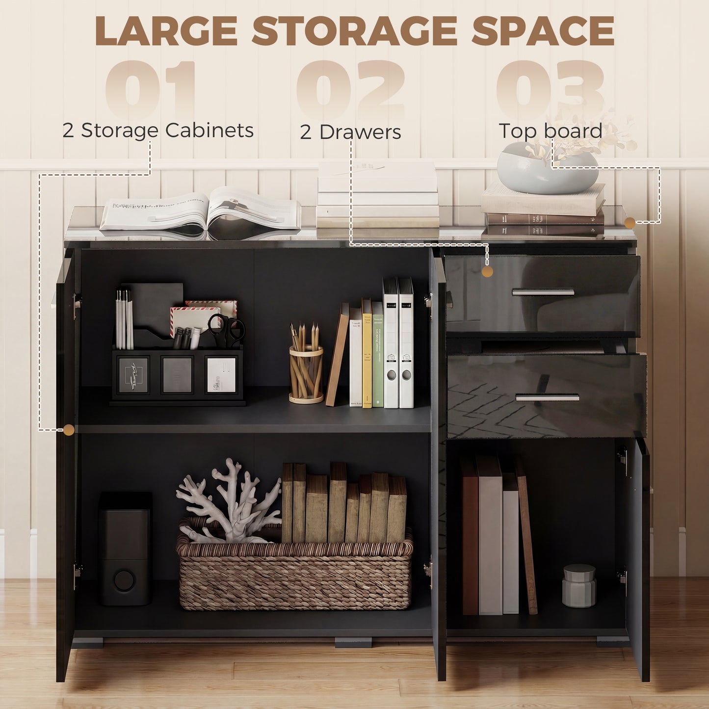 HOMCOM Modern Sideboard Storage Cabinet With 2 Drawers And 3 Doors Adjustable Shelves High Gloss Black