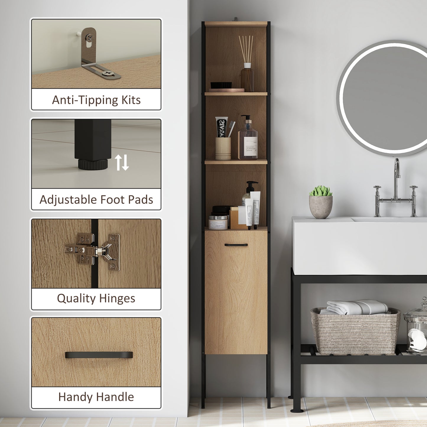 HOMCOM Tall Narrow Bathroom Cabinet With Open Shelves And Adjustable Shelf Natural Wood Finish