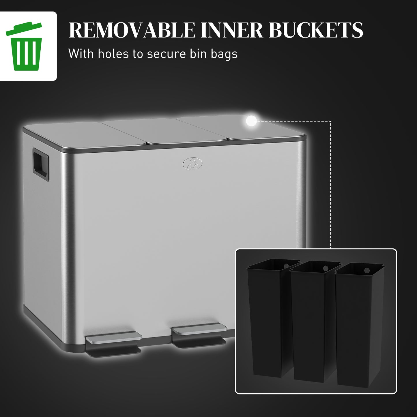 HOMCOM Triple 20L Pedal Bin Stainless Steel With Soft Close Lid And Removable Inner Buckets Silver