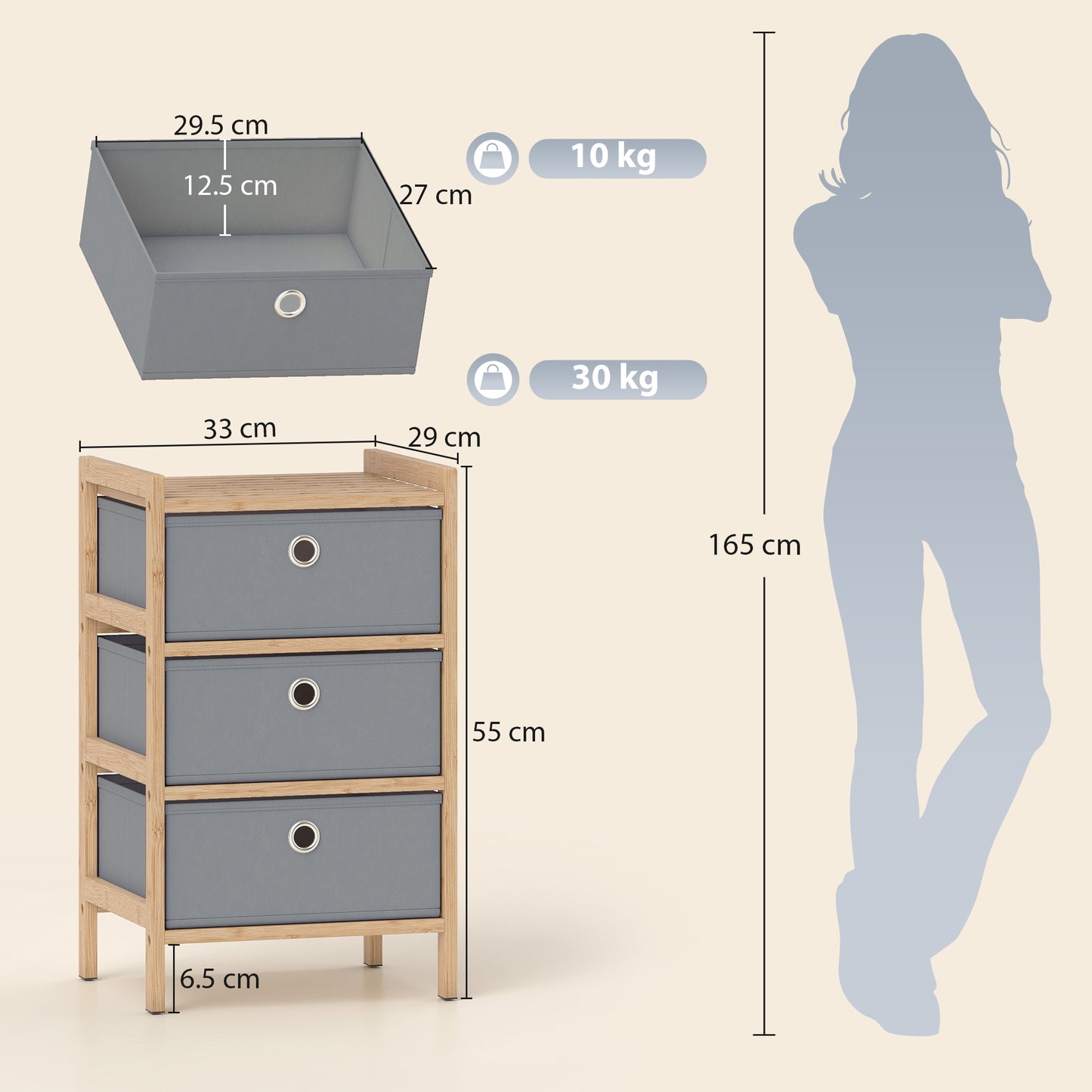HOMCOM Narrow Chest Of Drawers With Bamboo Frame And 3 Fabric Drawers In Light Grey