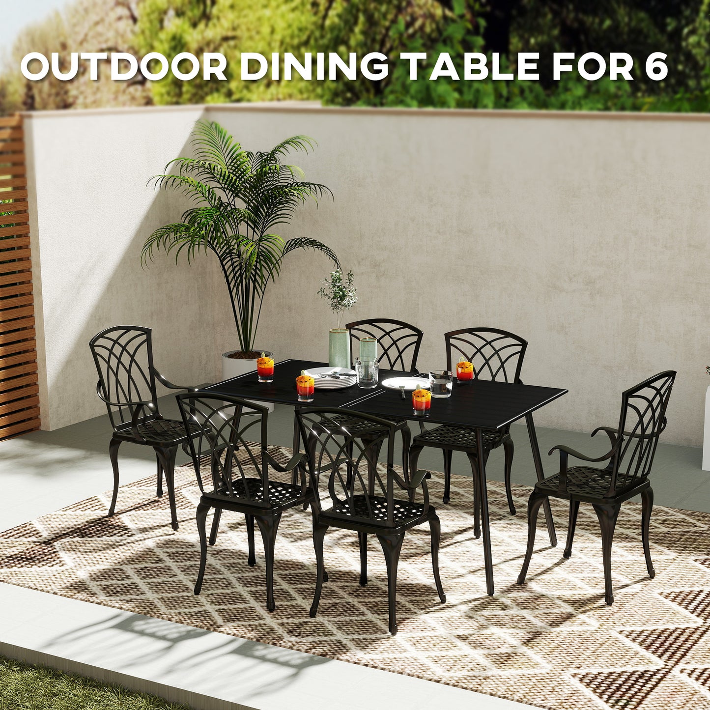 Outsunny Rectangle Garden Table With Slat Top And Steel Frame For Outdoor Use Seats 6 150x80x74 cm Black