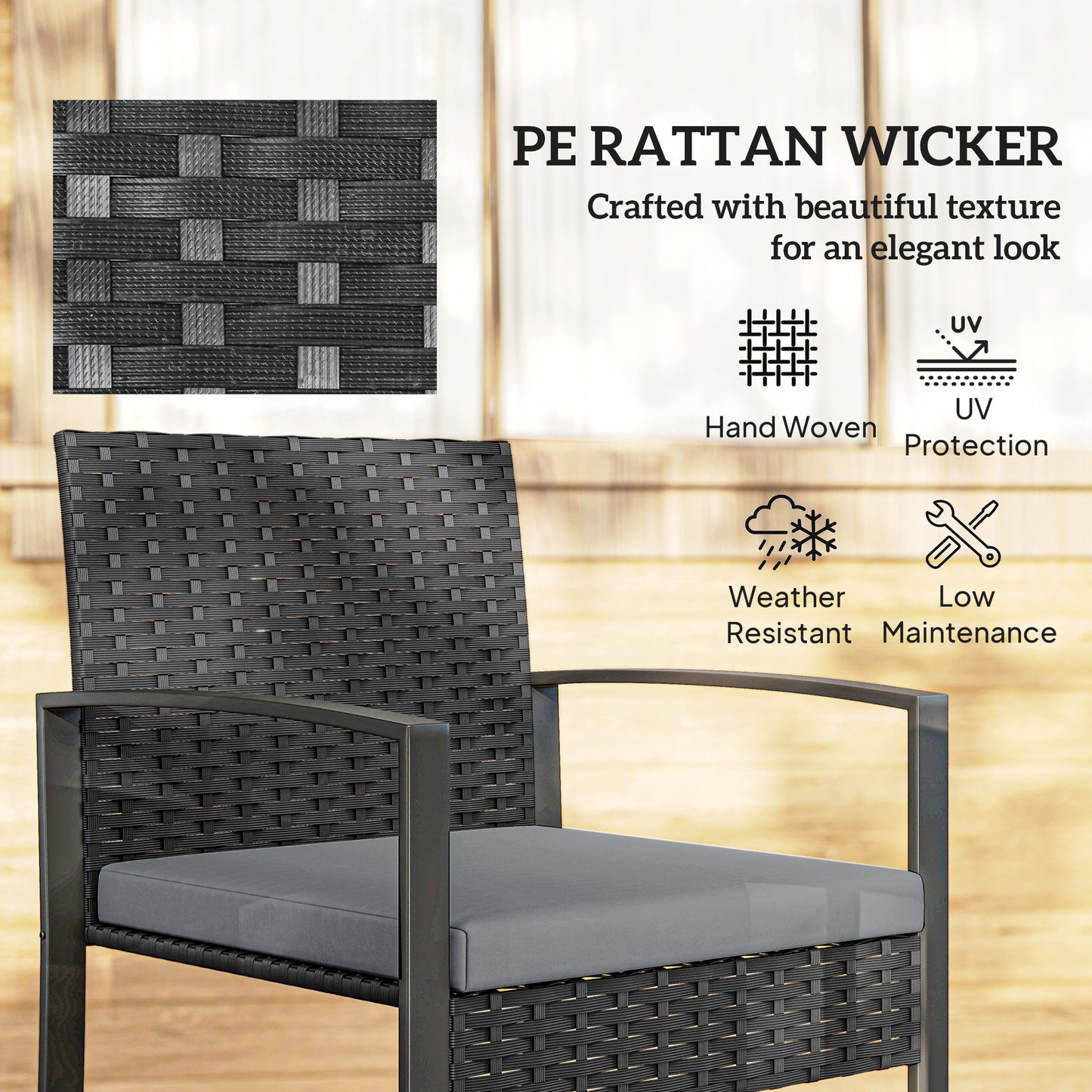 Outsunny Rattan Bistro Set 3 Piece Garden Furniture Set With Glass Top Table And Cushions Light Grey