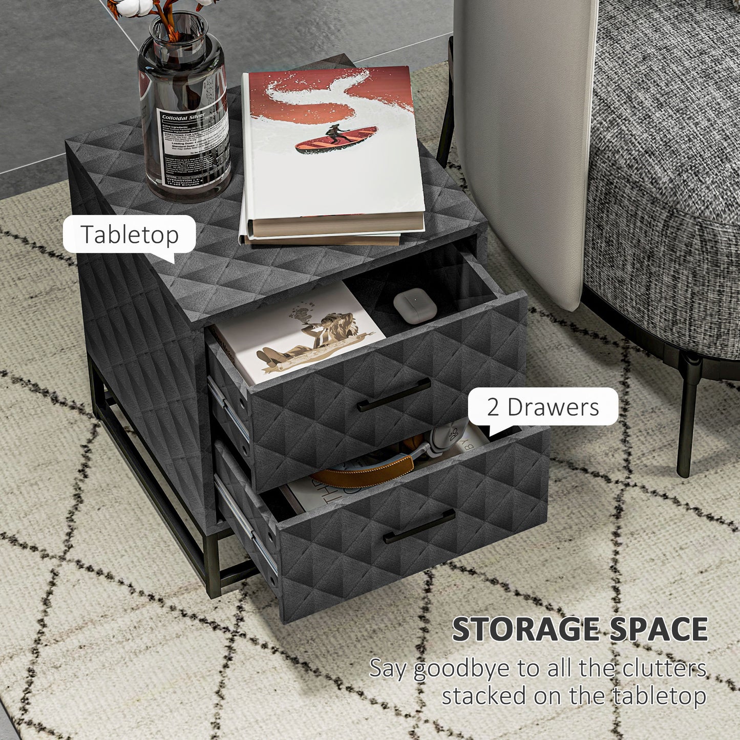 HOMCOM Bedside Tables Set Of 2 With 2 Drawers Modern Nightstands Grey Steel Legs Diamond Pattern Veneer End Tables