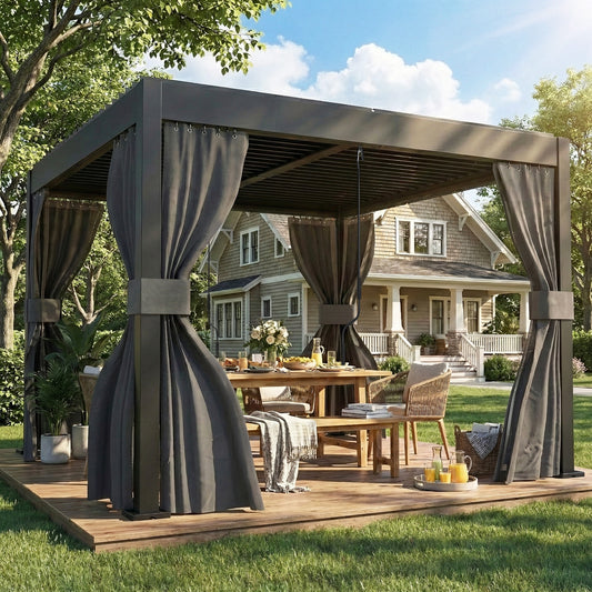 Outsunny 3x3 M Louvered Pergola With Adjustable Metal Roof Aluminum Patio Gazebo With Netting And Curtains Dark Grey
