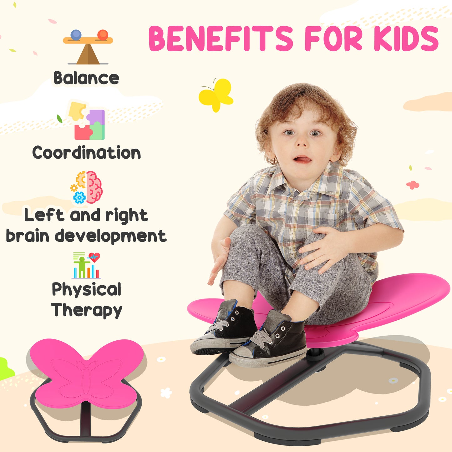 AIYAPLAY Butterfly-Shaped Kids Swivel Chair For Sensory Spinning Balance And Coordination Training Pink
