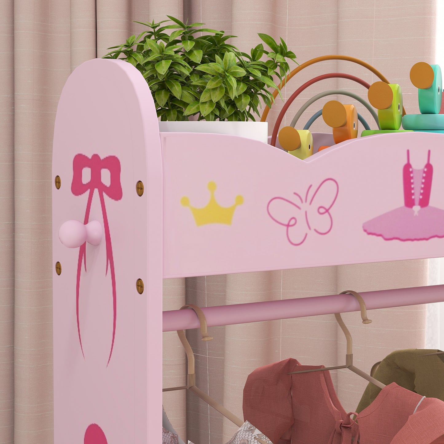 AIYAPLAY Two Piece Kids Clothes Rail and Dressing Mirror Set With 360 Degree Rotating Mirror and Storage Shelves Pink