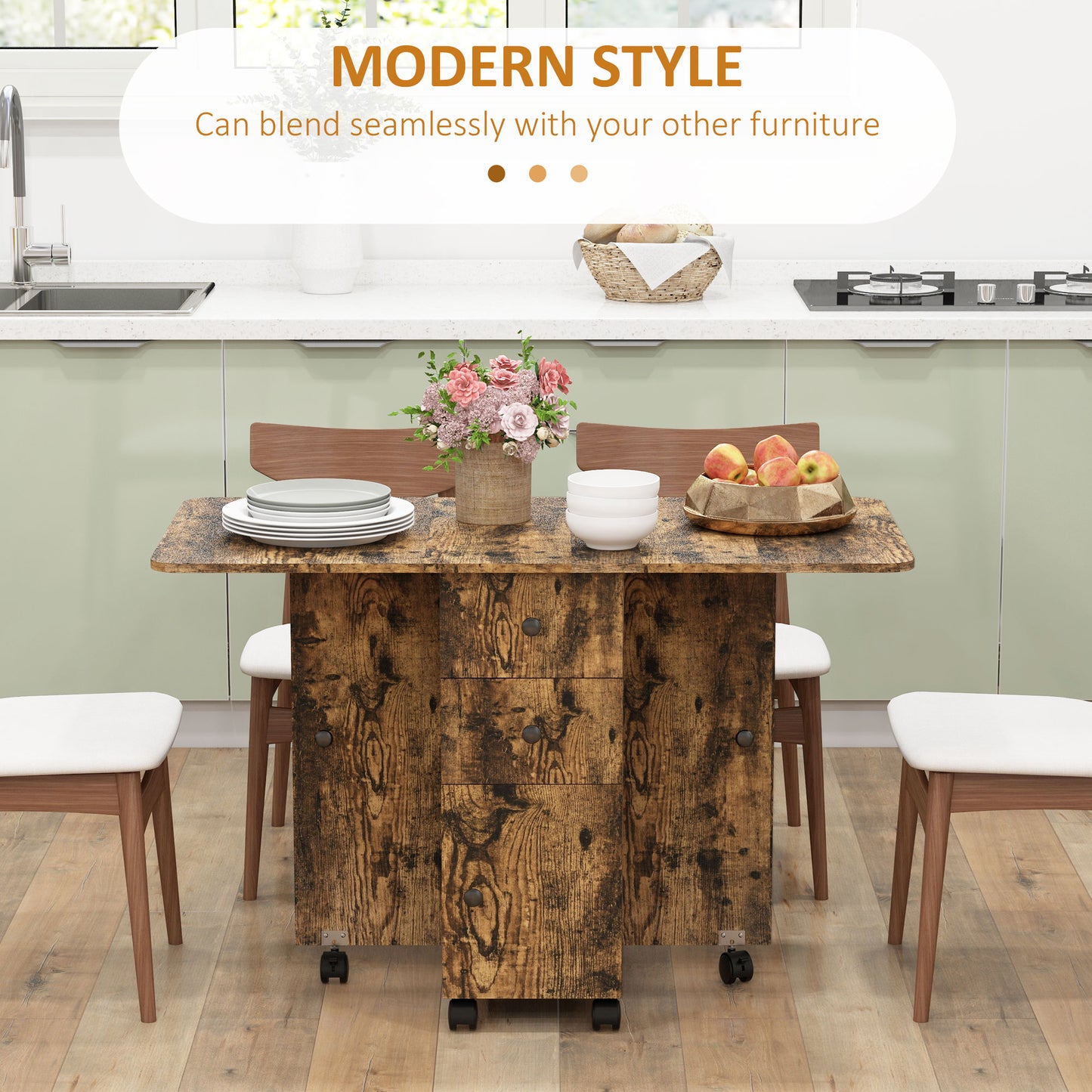HOMCOM Multi Storage Six Person Drop Leaf Dining Table Rustic Brown With Drawers Shelf And Cabinet