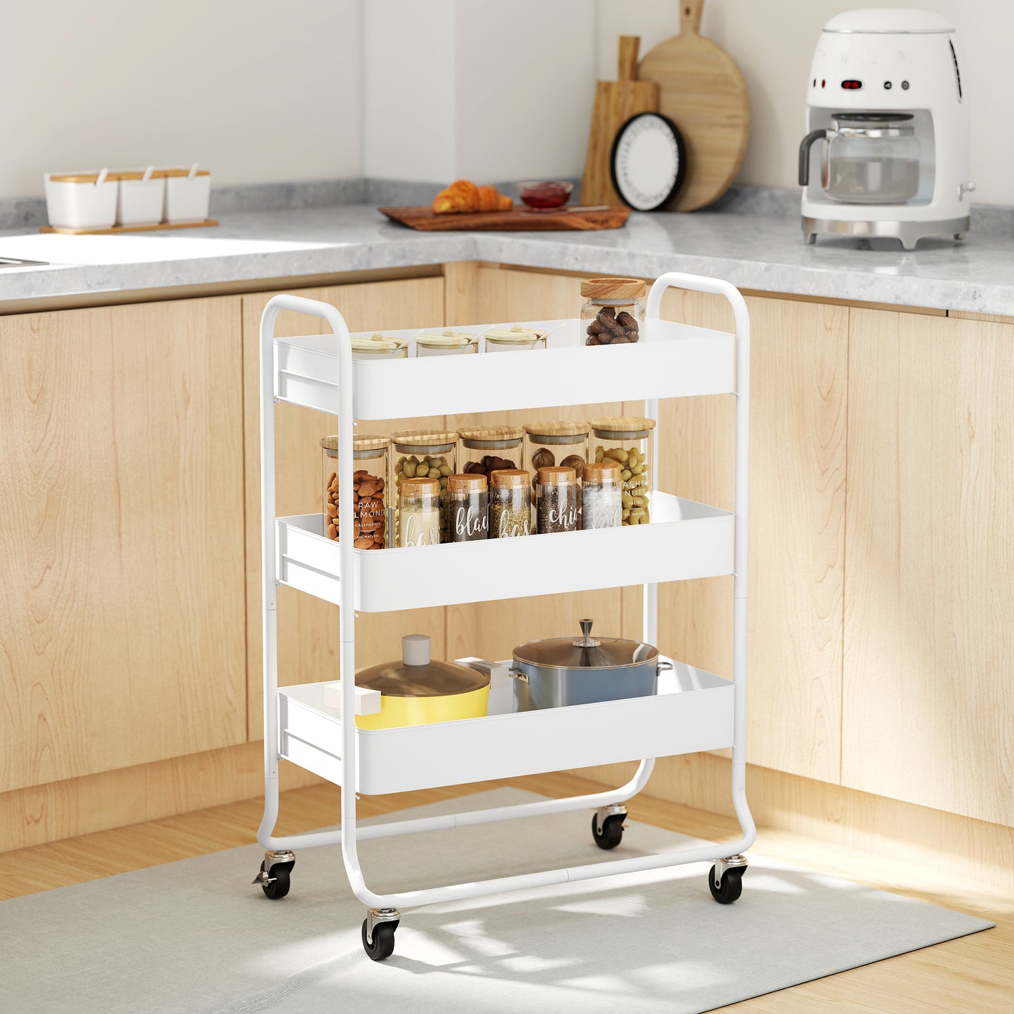 HOMCOM 3 Tier Storage Trolley on Wheels Rolling Utility Cart with Mesh Baskets for Kitchen Bathroom and Bedroom White