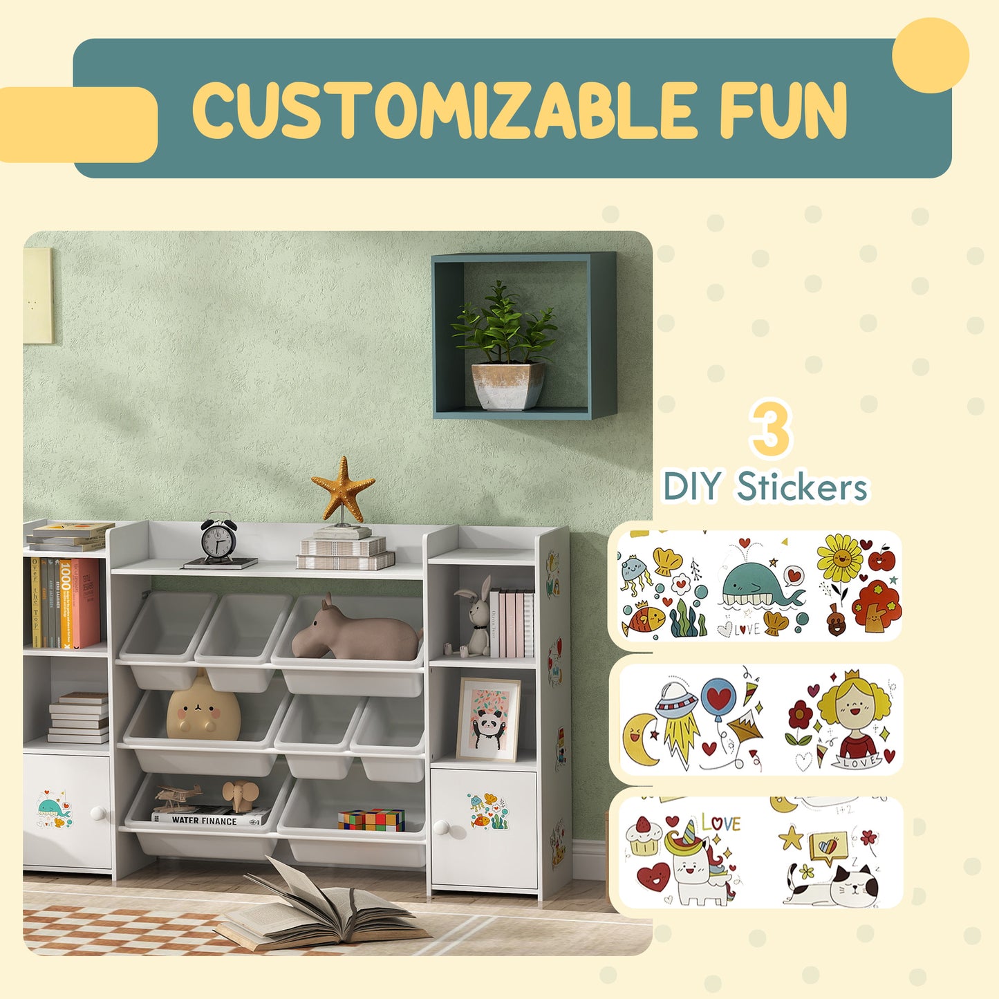 AIYAPLAY 3 In 1 Kids Toy Organizer And Storage With Eight Removable Bins And Bookshelf White