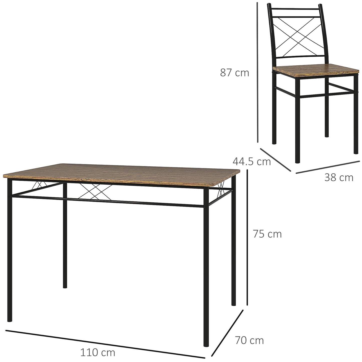 HOMCOM Five-Piece Minimal Dining Set With Black Metal Frames And Oak-Effect Table And Chairs