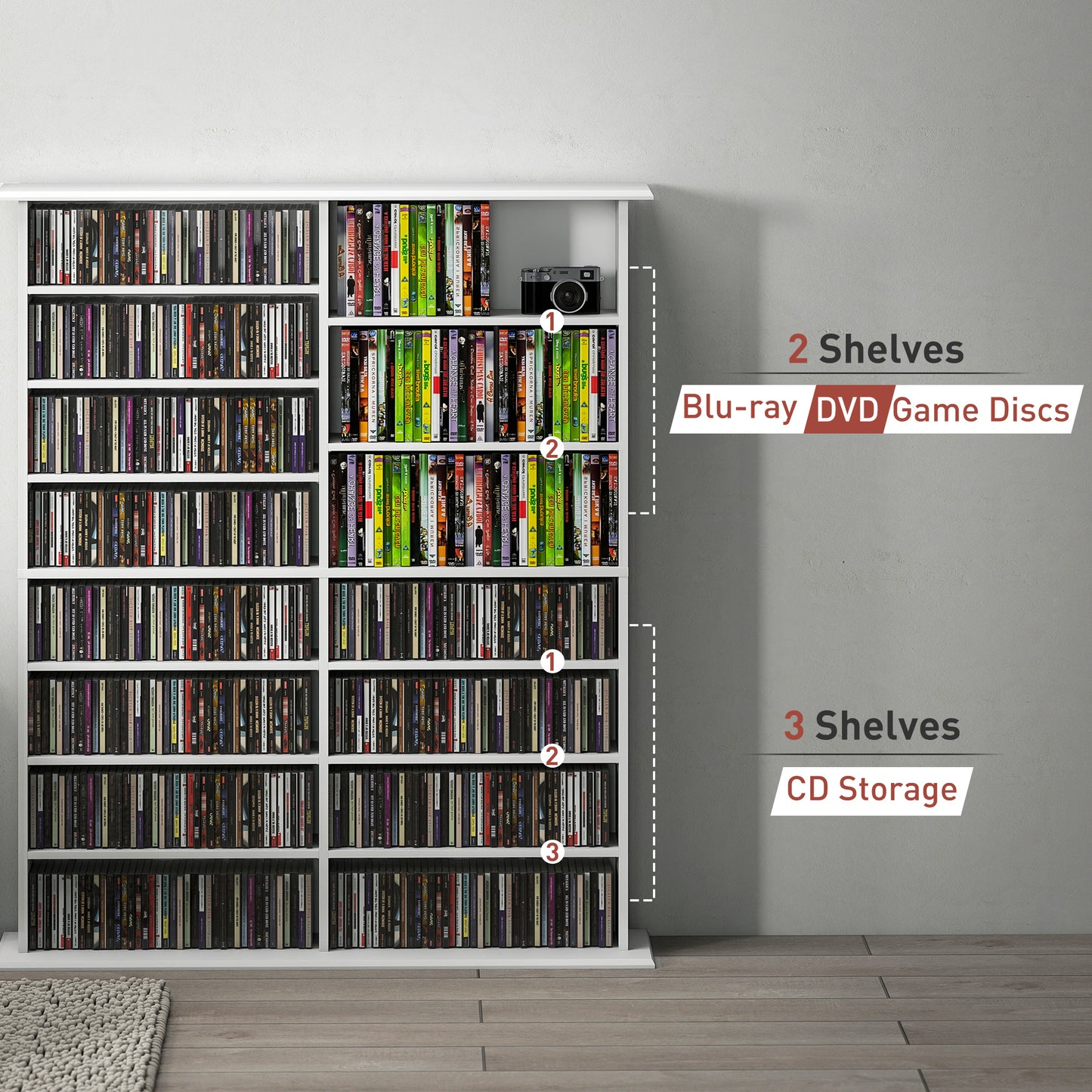 HOMCOM 16 Compartment White Media Shelf With 12 Adjustable Shelves For CDs DVDs Blu Rays Wall Straps Included
