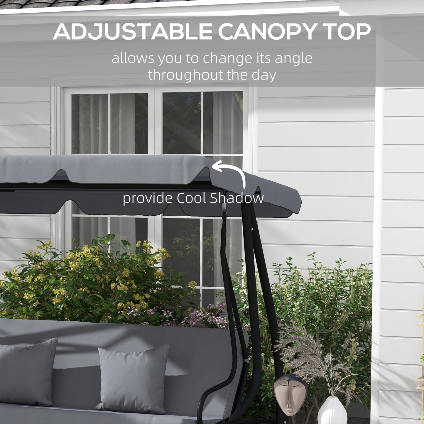 Outsunny Three Person Garden Swing Chair With Adjustable Canopy And Convertible Bed Light Brown