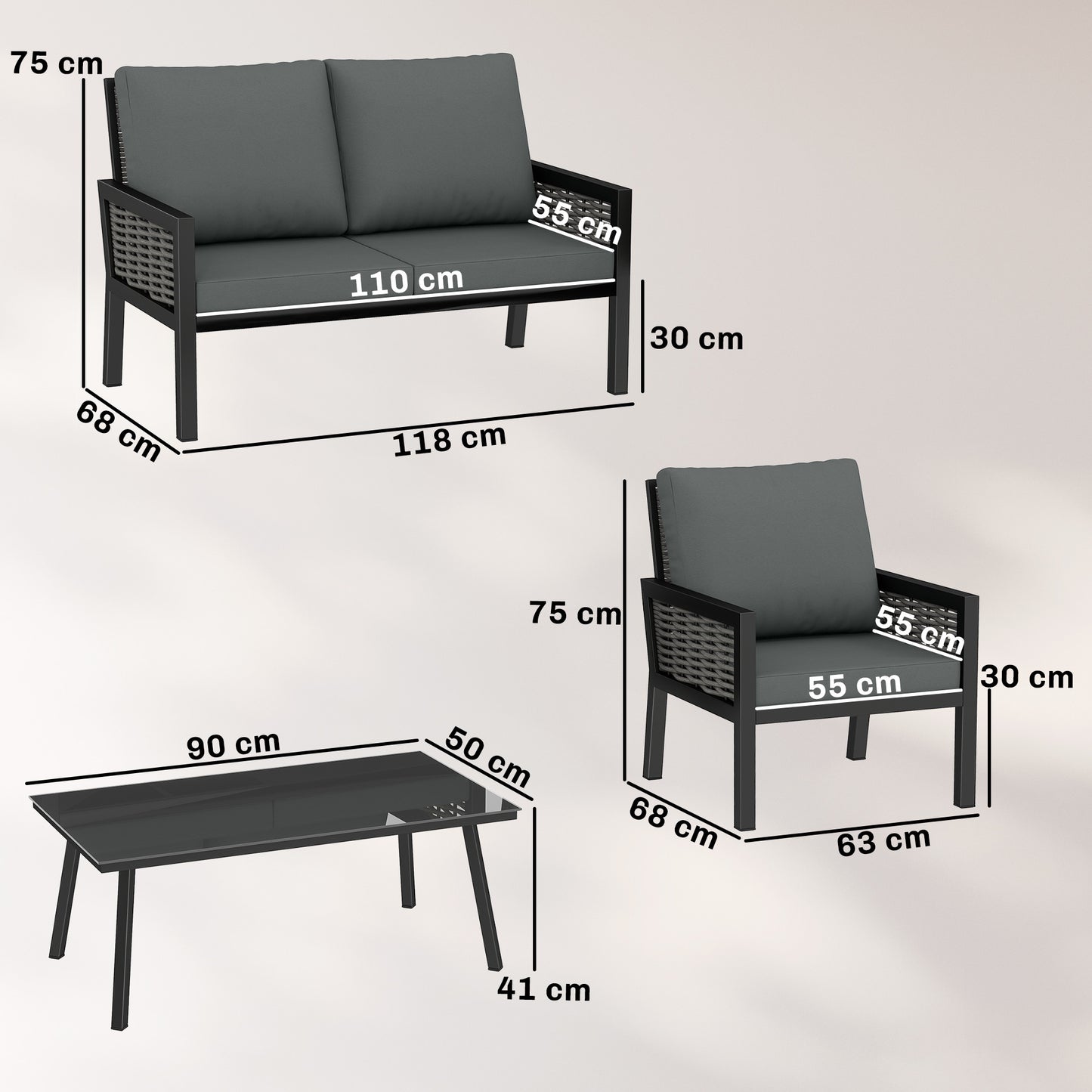 Outsunny 4 Seater Rattan Garden Furniture Set With 2 Armchairs Loveseat And Coffee Table Cushions Dark Grey