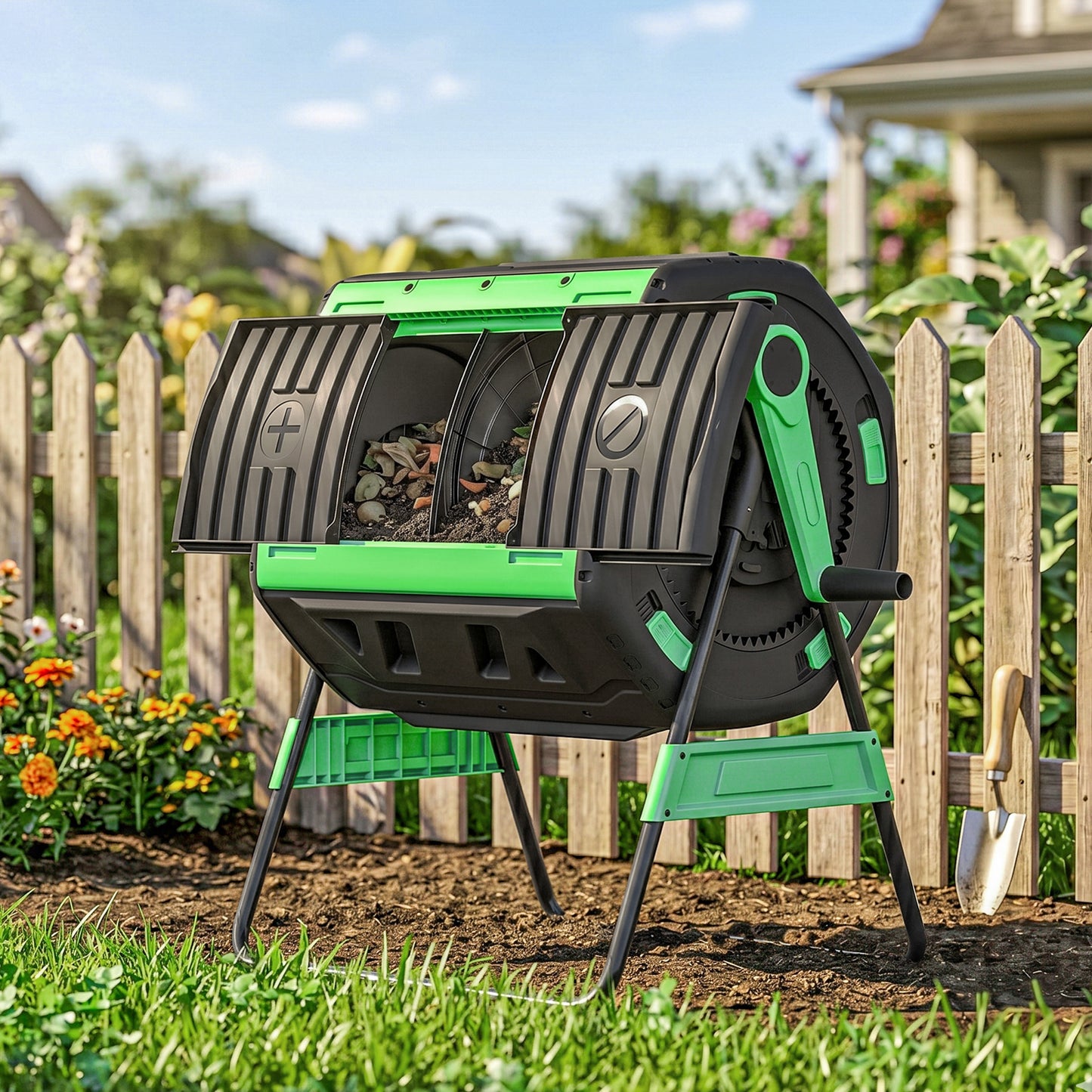 Outsunny 200L Dual Chamber Tumbling Compost Bin With Adjustable Vents BPA Free Green Garden Recycler