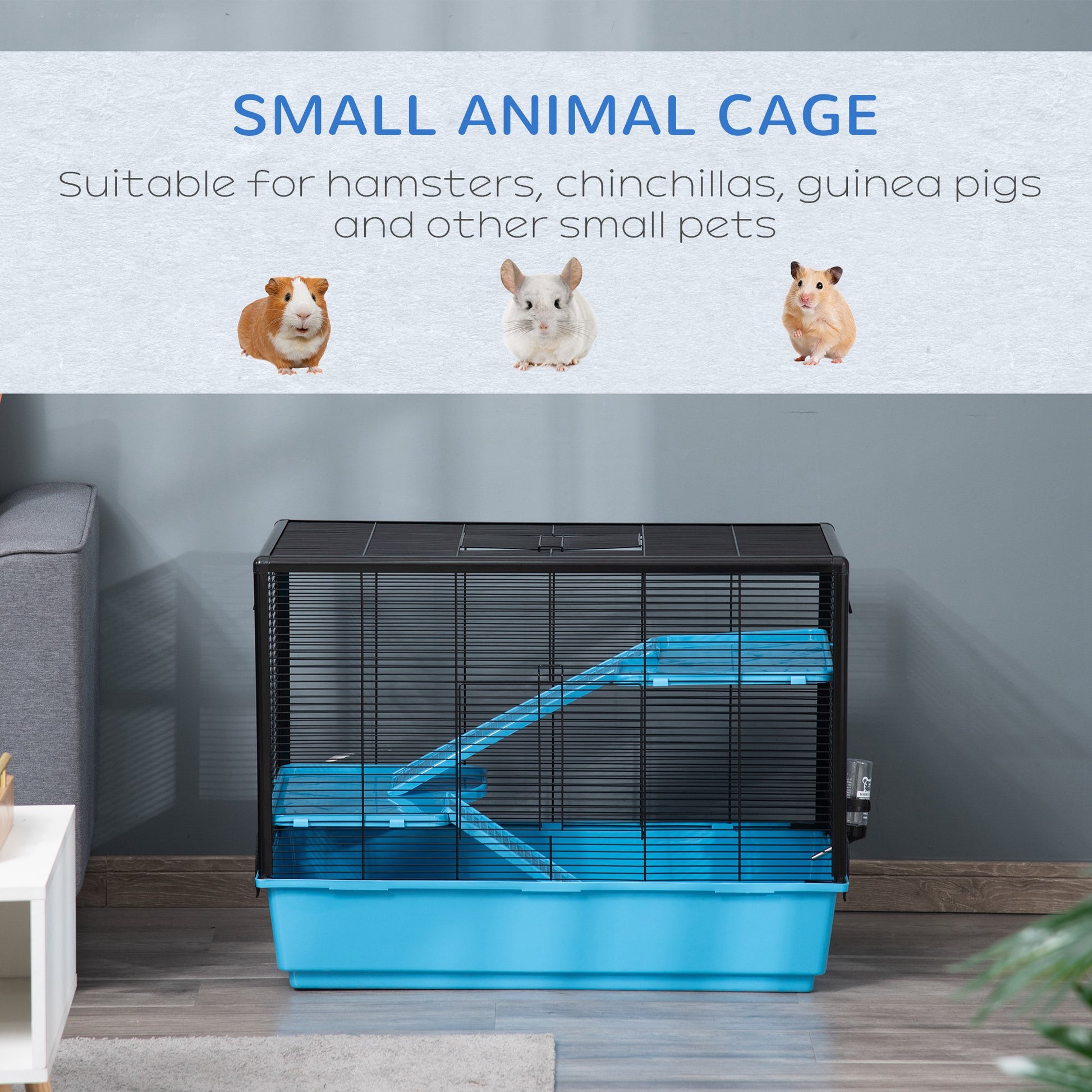 PawHut Light Blue Small Animal Habitat Cage for Guinea Pigs, Hamsters, and Chinchillas with Accessories - 80x48x58 cm - ALL4U RETAILER LTD