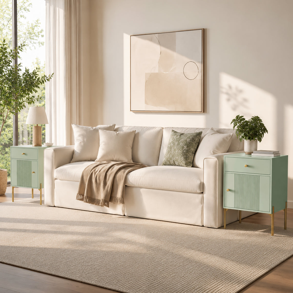 HOMCOM Modern Side Table Set of 2 with Drawer Cabinet Metal Legs Light Green