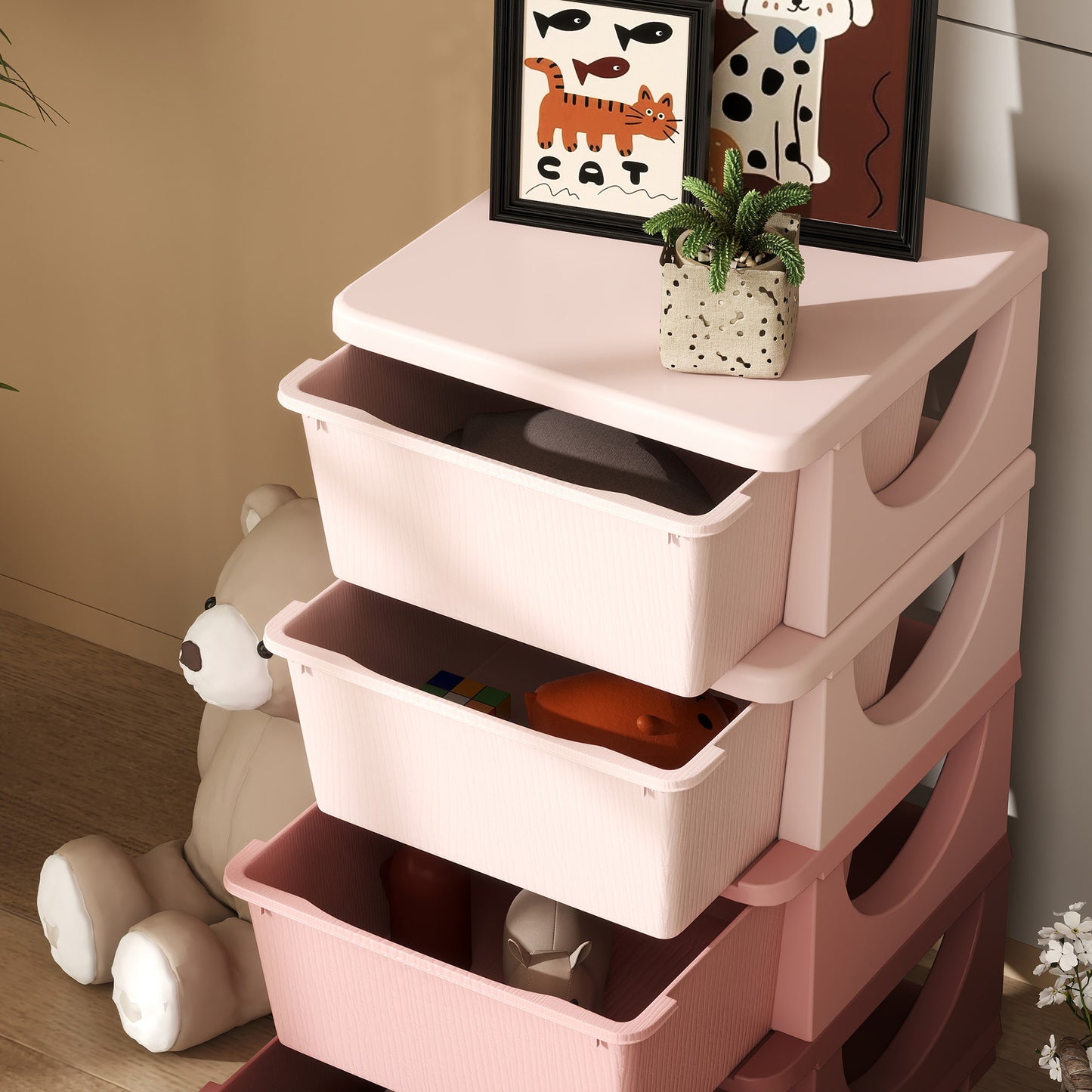 HOMCOM Four Tier Kids Storage Boxes With Four Drawers Pink Durable Plastic Toy Organizer