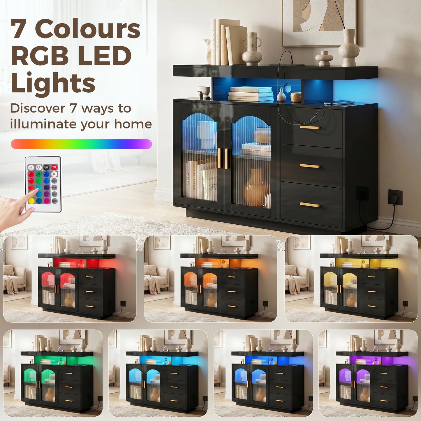 HOMCOM High Gloss Sideboard With LED Lights Built In Power Outlets 3 Drawers Shelves And 2 Acrylic Doors Black