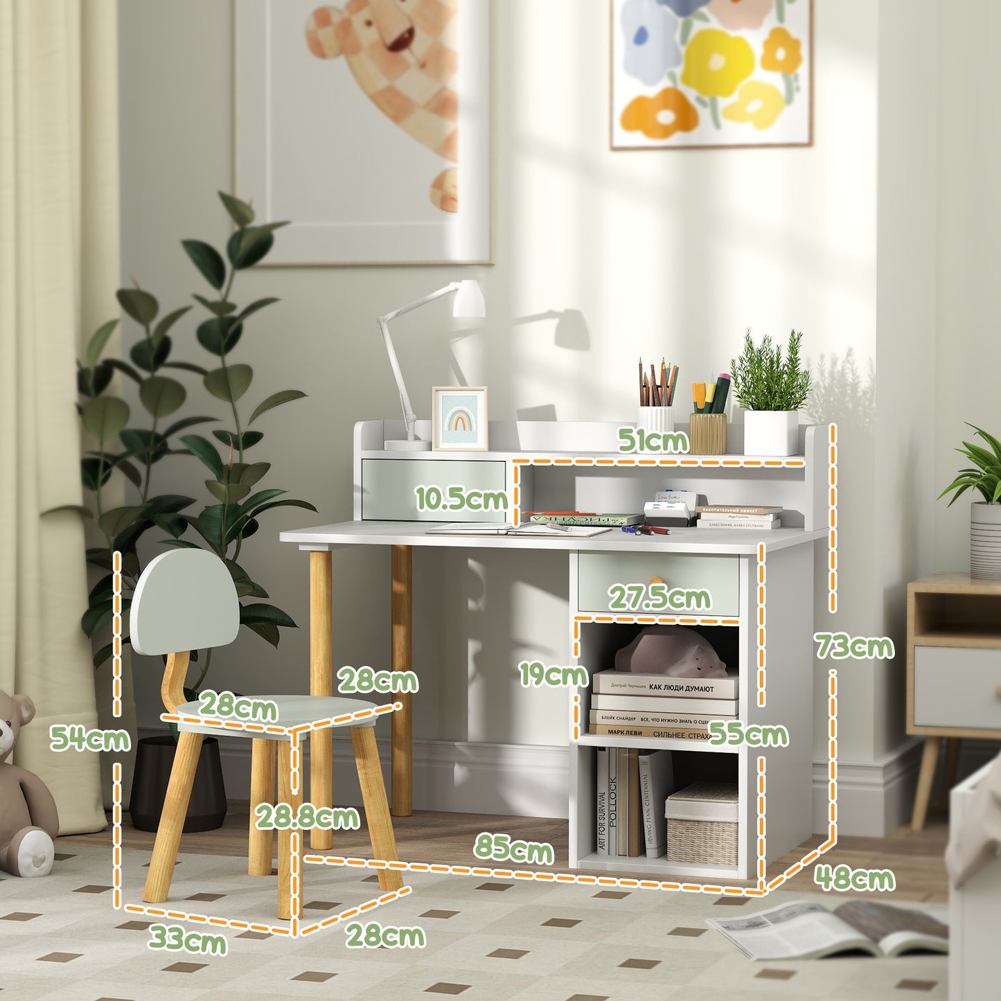 AIYAPLAY Two Piece Children Study Table With Hutch And Kids Desk And Chair Set With Storage Drawers Shelves Green