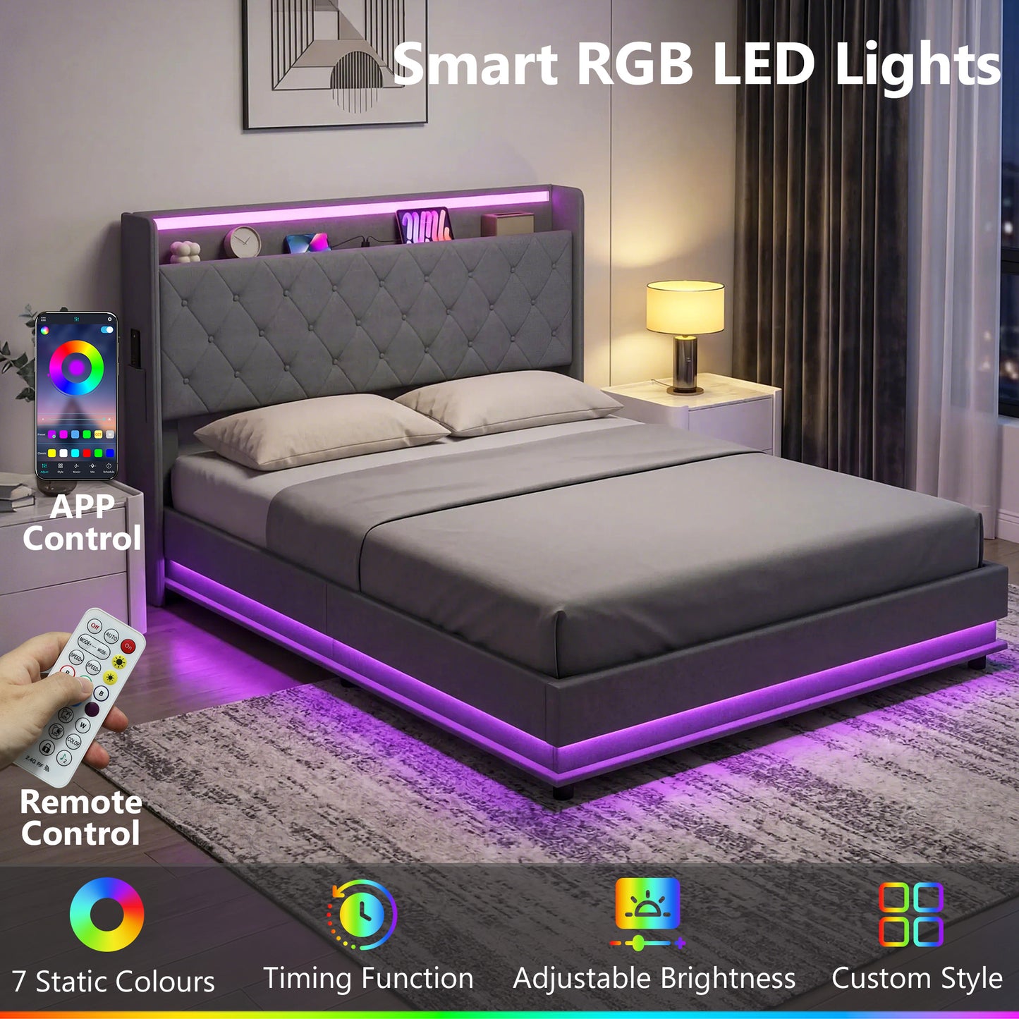HOMCOM 5ft King Bed Frame With Hydraulic Storage Headboard LED Lights And Charging Station Grey