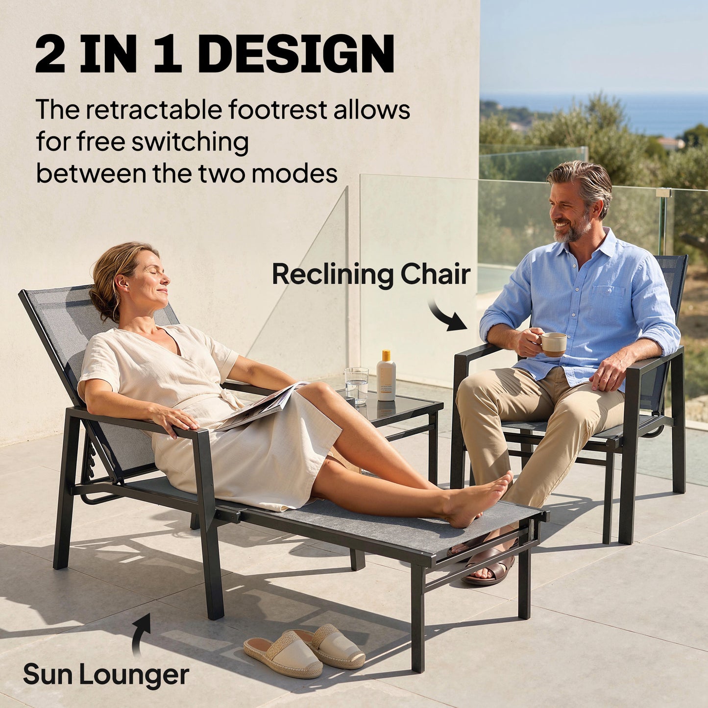 Outsunny Sun Loungers Set Of 2 With Retractable Footrest And 5 Position Adjustable Steel Frame For Beach Patio Grey