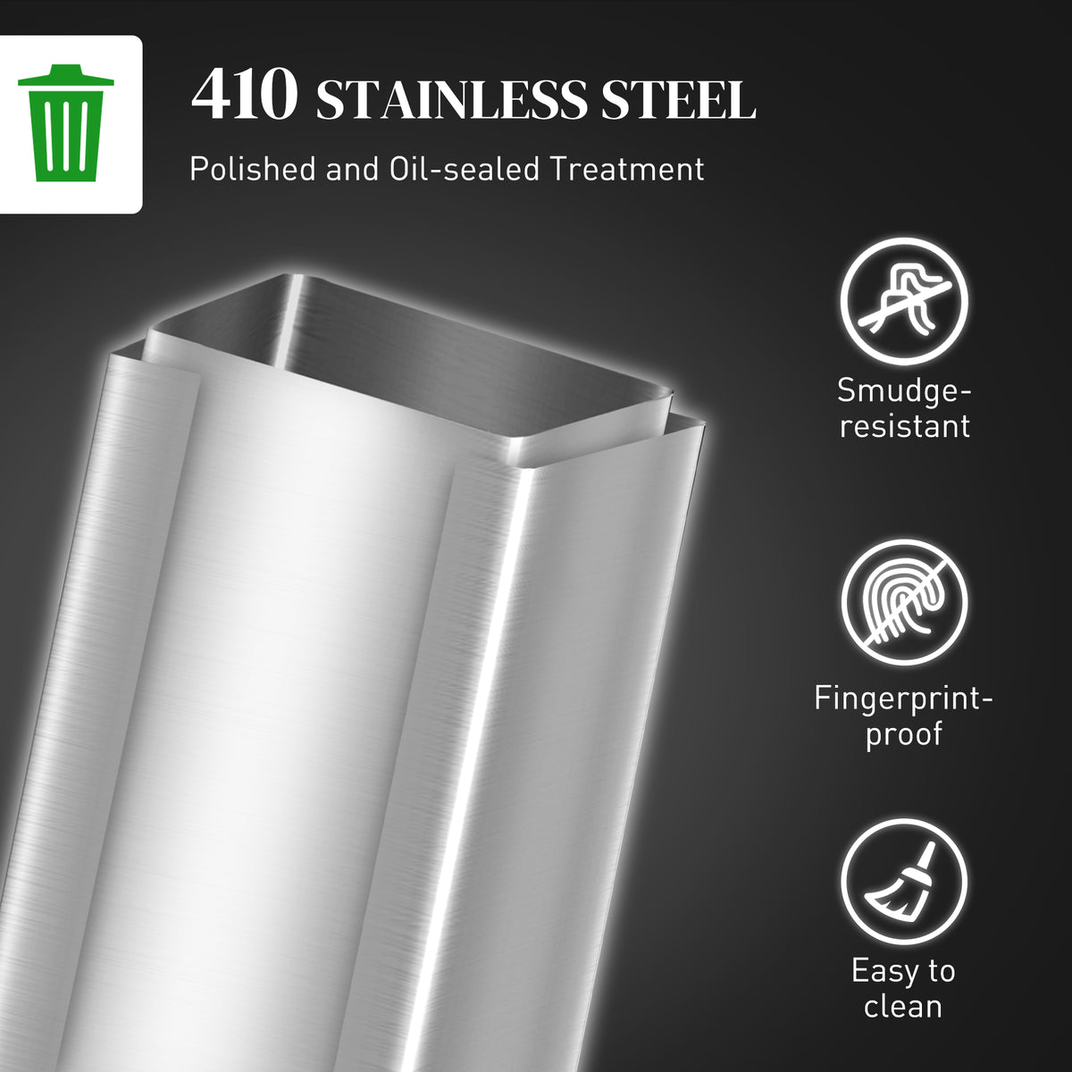 Stainless steel pedal trash can shown with smudge-resistant, fingerprint-proof finish